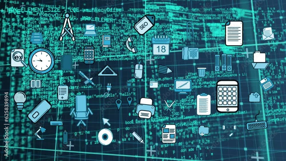 Poster animation of network of computing and business icons and data processing