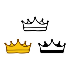 Crown icon set in doodles styles isolated on white background. Royal or queen sign, authority symbol