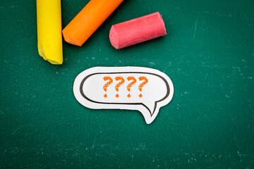 Question mark speech bubble on green chalkboard background