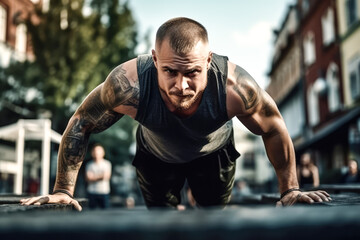 Fototapeta premium Picture of a young athletic man doing push ups outdoors. Ai generated.