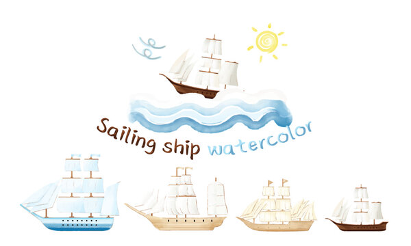 Cute sailing ship watercolor style vector illustration on white background