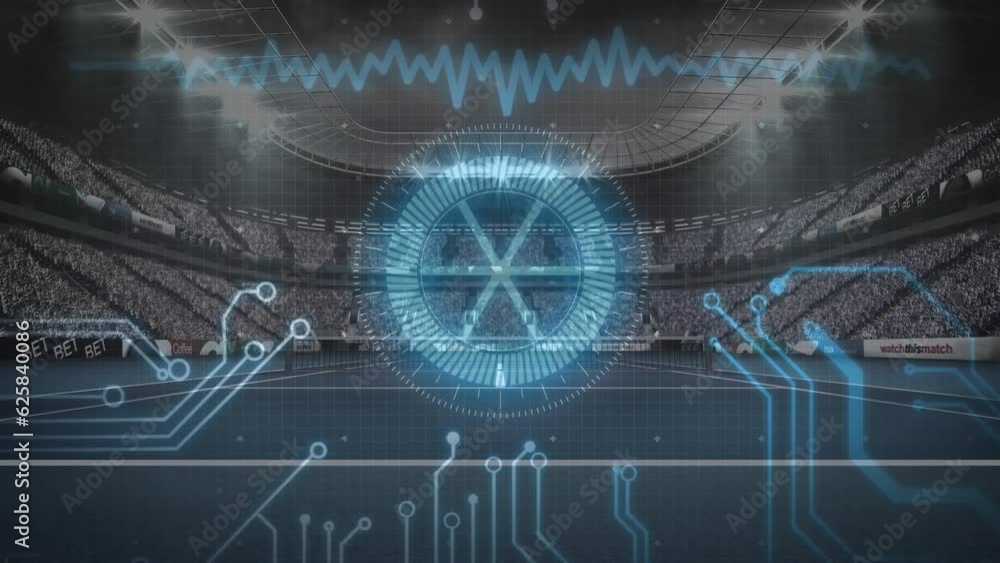 Poster animation of circuit board and data processing over sports stadium