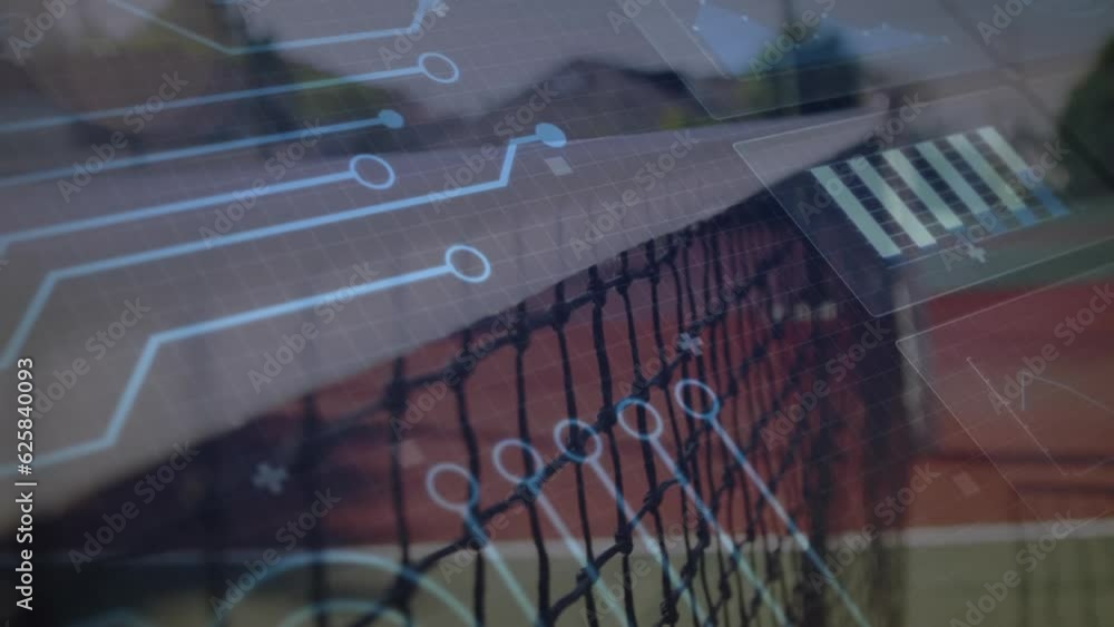 Poster animation of circuit board and data processing over tennis ball and net