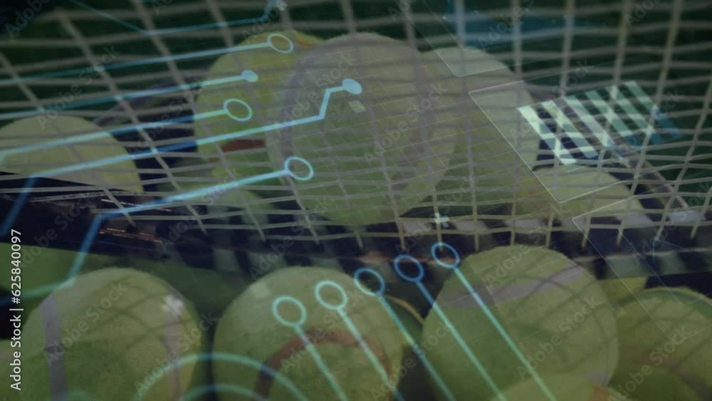 Poster animation of circuit board and data processing over tennis balls and net