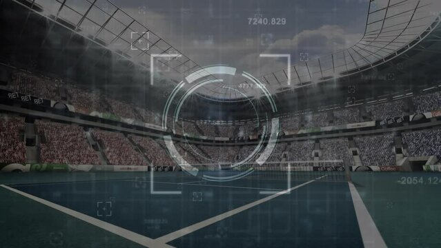 Animation of circuit board and data processing over tennis court sports stadium