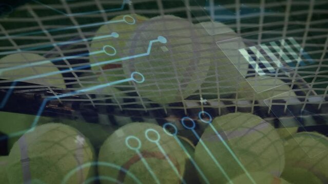Animation of circuit board and data processing over tennis balls and net
