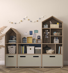 Beige light kids room with natural wooden furniture. Farmhouse style interior background with plant. 3d rendering. High quality 3d illustration