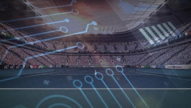 Animation of circuit board and data processing over sports stadium