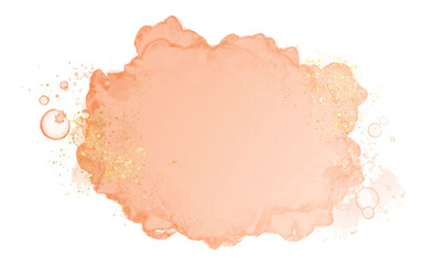 Pastel rose or pink watercolor brush stroke splash with luxury golden frame and glitter gold lines round contour frame for banner or logo wedding elements