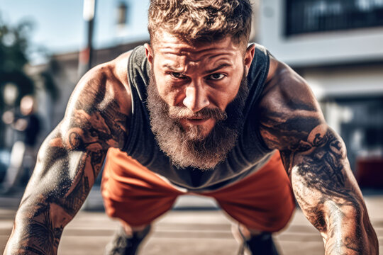 Picture of a young athletic man doing push ups outdoors. Ai generated.