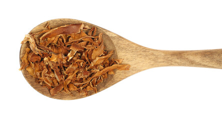 Chopped dry cabbage leaves, uncooked isolated on white, top view