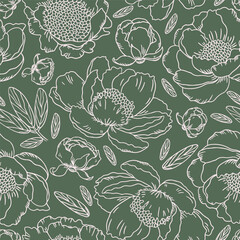 Peony flowers outline seamless pattern on green background. Hand drawn, retro, vintage