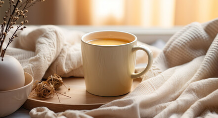 Fototapeta na wymiar A cup of tea or milk with melatonin near a window.