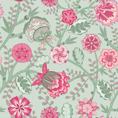 Fantasy flowers seamless pattern. Indian floral style. Chintz fabric, retro, vintage.
