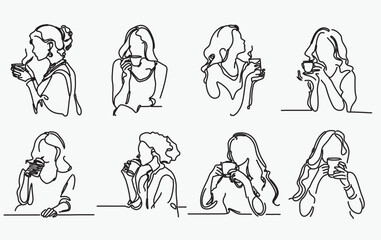 A beautiful girl with long hair having coffee line art vector illustration set 