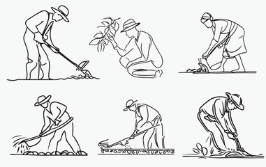 Farmer working in the field line art vector set 