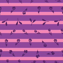 Seamless pattern hand drawn flowers on pink purple stripes background