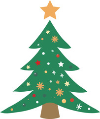 Cute, lovely cartoon Christmas tree with star, snowflake and bauble decoration for Christmas holiday design concept.