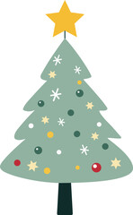 Cute, lovely cartoon Christmas tree with star, snowflake and bauble decoration for Christmas holiday design concept.