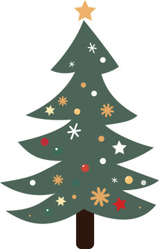 Cute, lovely cartoon Christmas tree with star, snowflake and bauble decoration for Christmas holiday design concept.