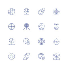Global line icon set on transparent background with editable stroke. Containing decrease, global network, travel, global economy, global, global server, worldwide, global warming, website, language.