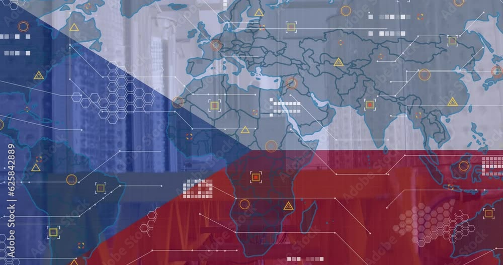 Poster animation of financial data processing over flag of czech