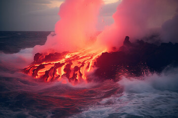 Active lava flow volcanic eruption magma touching the ocean in Big Island , soft lightinig