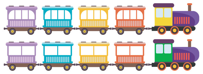 Cartoon toy train with color wagons, two different style kids train set, Toy train cartoon vector illustration