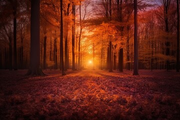 Forest in autumn at sunset. Generative AI
