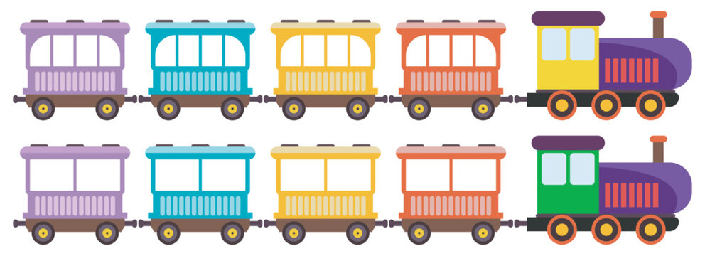 Cartoon toy train with color wagons, two different style kids train set, Toy train cartoon vector illustration