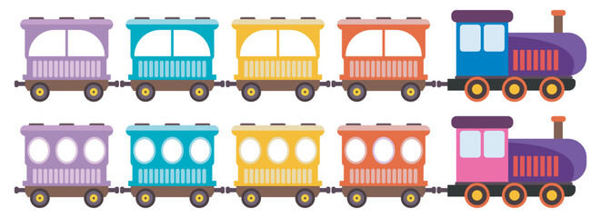 Kids toy train with color wagons, two different style kids train set, Toy train cartoon vector illustration. - obrazy, fototapety, plakaty