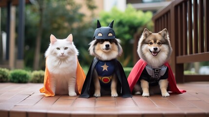 Dogs and cat in halloween cosplay. Generative AI