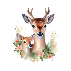 Fototapeta premium Watercolor deer with baby.