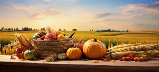 Gardinen Thansgiving Erntedank agriculture harvest  banner - Pumpkins and corn on the cob in a basket with defocused landscape field in the background (Generative Ai) © Corri Seizinger