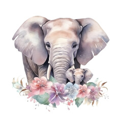 Watercolor elephant with baby