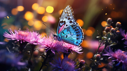 Detailed macro shot of a butterfly pollinating flowers. Pollinator Support Safeguards Global Agricultural Production.