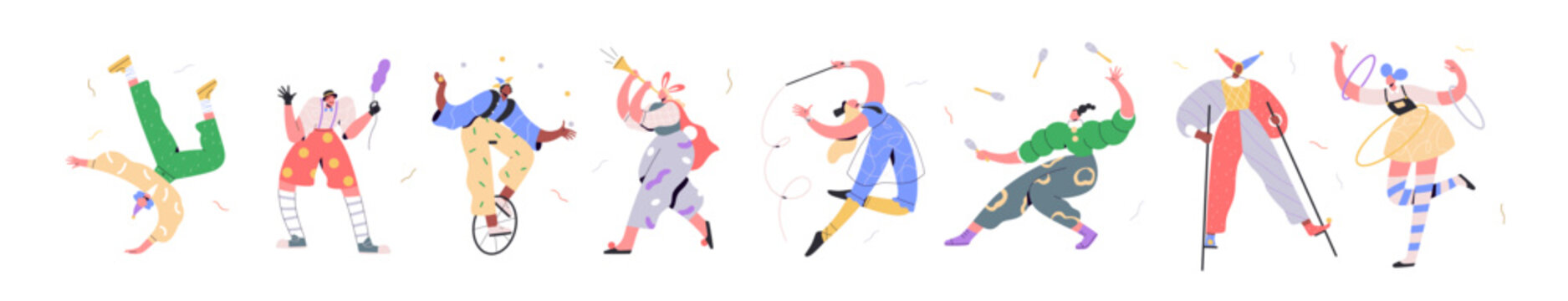 Circus clowns, carnival artists, street actors set. Acrobat, jester, joker, juggler in funny party costumes. Festival comic performers. Flat graphic vector illustrations isolated on white background