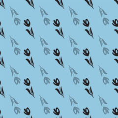 Black hand drawn flowers on blue background, seamless vector pattern