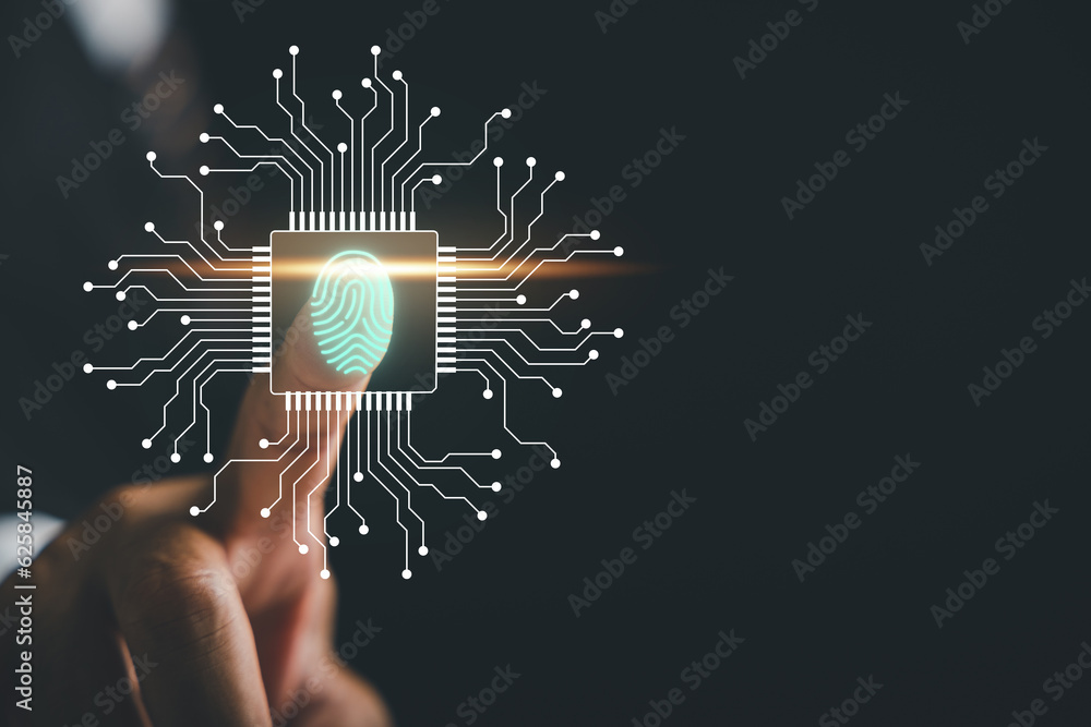 Poster futuristic biometric identification fingerprint scanner with pointing finger. concept of surveillanc