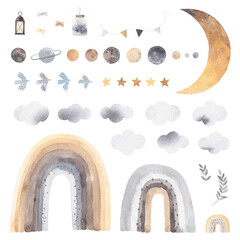 Cute watercolor set - planets, moon, stars, clouds and rainbows. Vintage elements for your design.