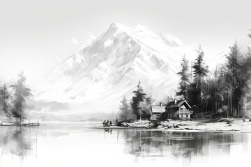 Fototapeta premium There is a lakeside house nestled among mountains. (Generative AI)