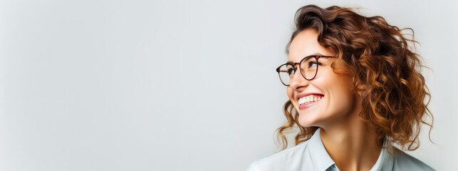 Lachende Frau mit Brille. Generiert mit KI - obrazy, fototapety, plakaty
