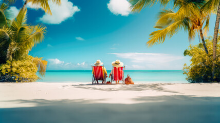 Ein pensioniertes Paar ruht sich auf Sonnenliegen während eines Strandurlaubs auf tropischer Insel gemeinsam aus. Generiert mit KI - obrazy, fototapety, plakaty