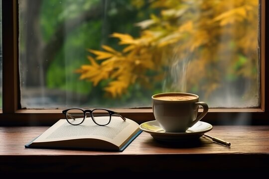 Coffee Mug, Book Near Window In Autumn. Generative AI