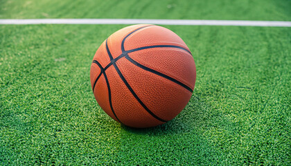 basketball ball on the green artificial turf in outdoors court