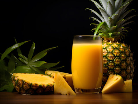 Delicious pineapple juice in glass on wooden table