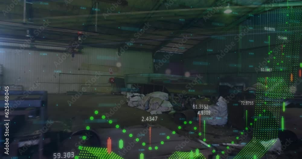 Poster animation of financial data processing and statistics over factory