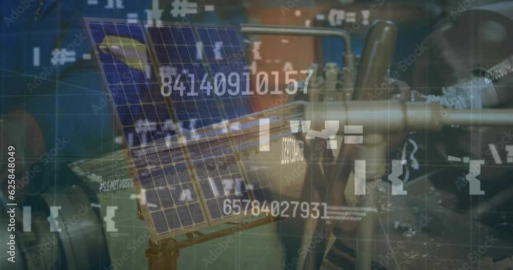 Poster animation of financial data processing and statistics over caucasian man working in factory