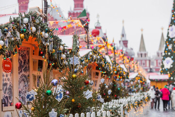 Christmas decoration of Red Square. Beautiful holiday decorations in the city. Christmas decorations of the streets. Moscow, Red Square, December 2023
