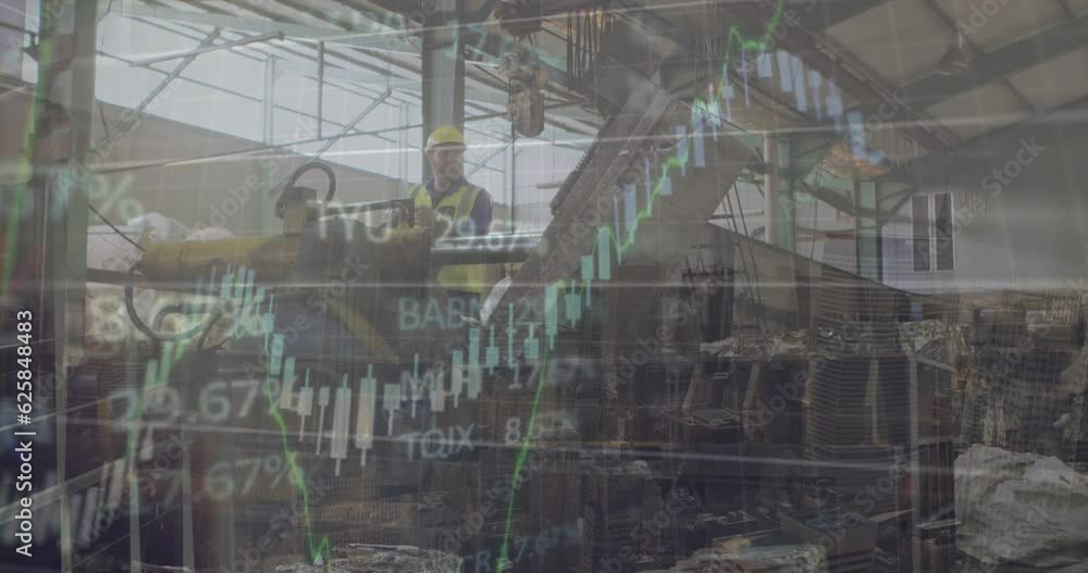 Aufkleber animation of financial data processing and statistics over man working in factory